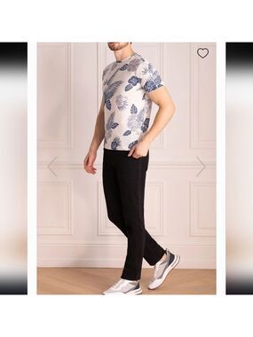 Orian Italy Men's Floral Blue and Beige Crew Neck Tee Shirt Large
